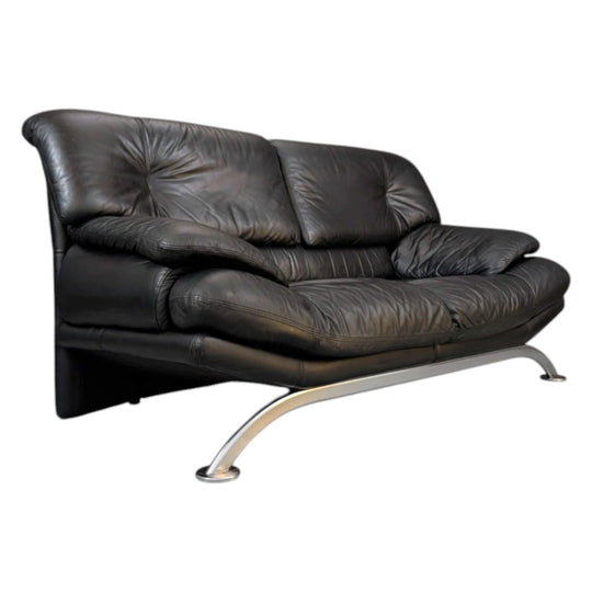 1980s Max Divani Black Leather Two Seat Sofa Made in Italy