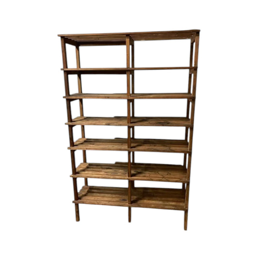 Industrial rustic Oregon slatted shelving in solid, good condition.