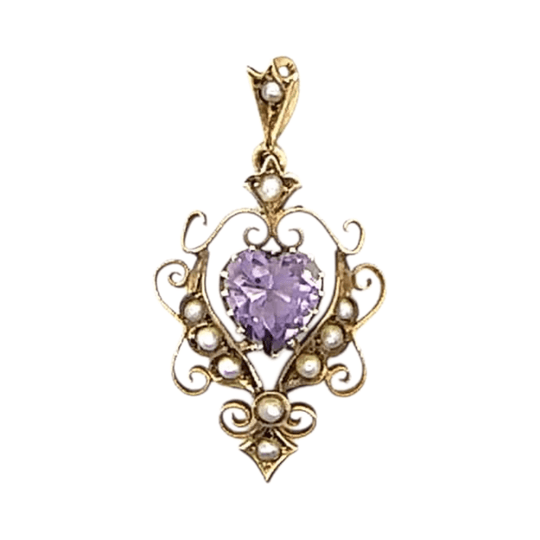 19th century 15ct rose gold pendant with amethyst and seed pearls