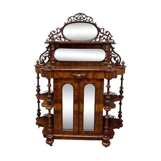 19th-Century English Burr Walnut Canterbury What-Not with Two Lockable Glass-Fronted Doors, c.1860