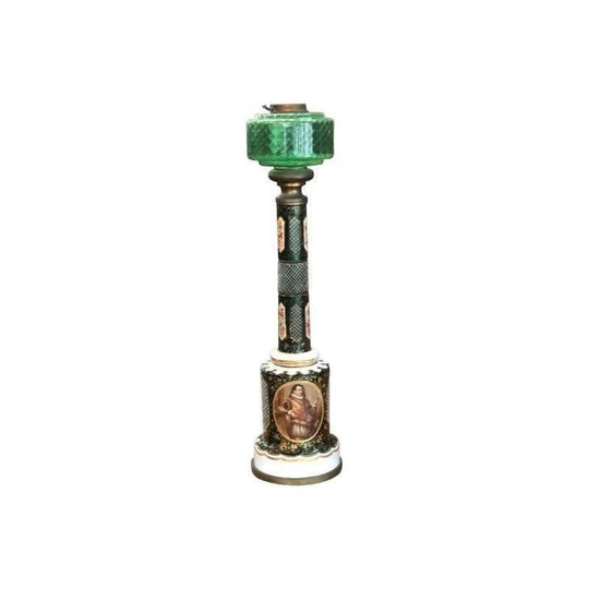 19th-Century European Green Overlay Glass Lamp Base with Cameo Portrait, c.1860