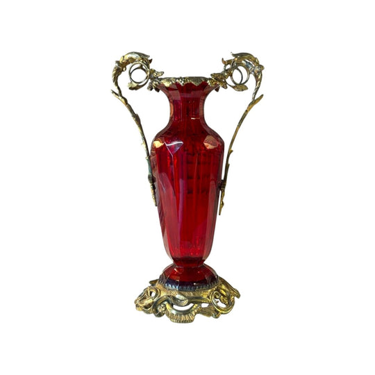 19th-Century Faceted Ruby Glass Vase with Gilt-Metal Mounts and Scrolling Foliate Handles