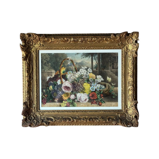 19th Century Hand-coloured Floral Print in Ornate Frame