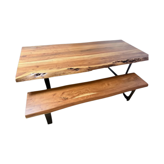 Timber dining table, bench and two chairs