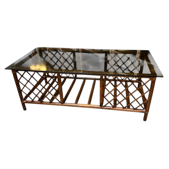 Brown Rattan/Cane Coffee Table with Smoked Glass Top