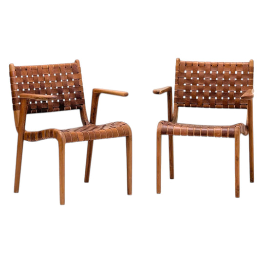 Pair of Vintage Woven Saddle Leather Armchairs