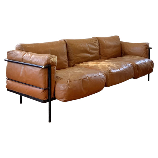 Le Corbusier LC3 Sofa and Pair of Lounge Chairs – Black and Tan Leather, Italy
