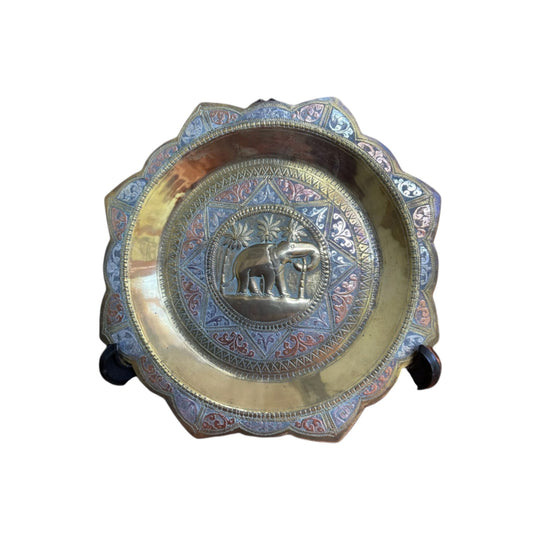 Vintage Brass, Copper and Silver Embossed Plate/Tray with Indian Elephant Motif, Scalloped, 18 cm