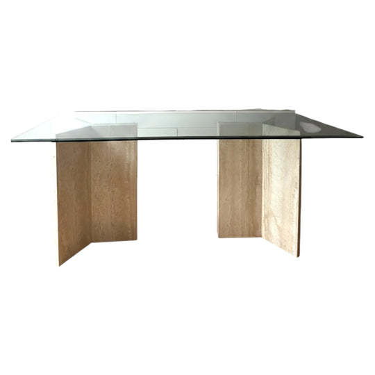 Vintage Italian Travertine Base Dining Table with Glass Top, 180 x 90 x 75 cm (Seats 6–8)