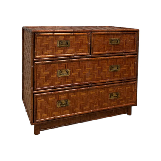 1960s Faux Bamboo and Woven Rattan Five-Drawer Chest with Aged Brass Recessed Pulls