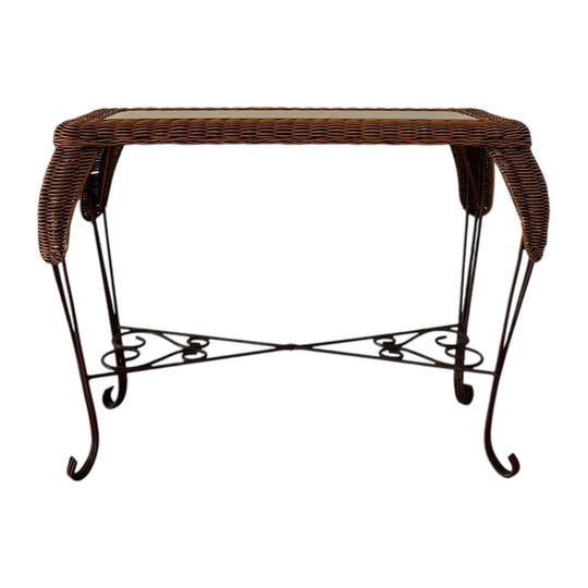 Vintage wicker and glass console table