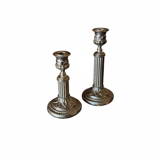 French Neoclassical Style Silvered Resin Taper Candlesticks - 2 Sizes