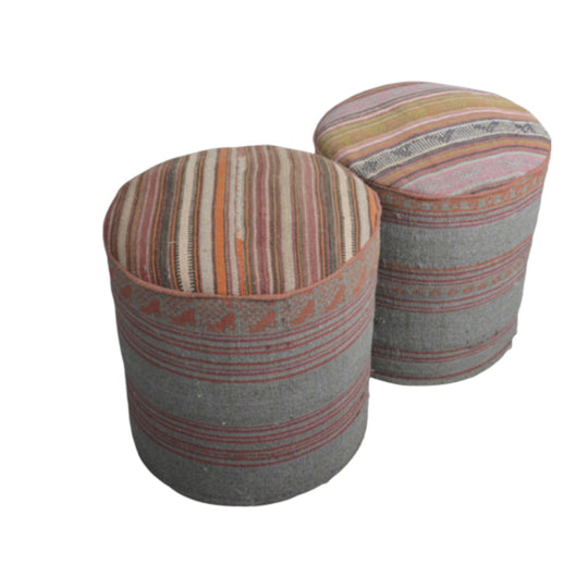 Pair of circular stools or seats covered in vintage kilim