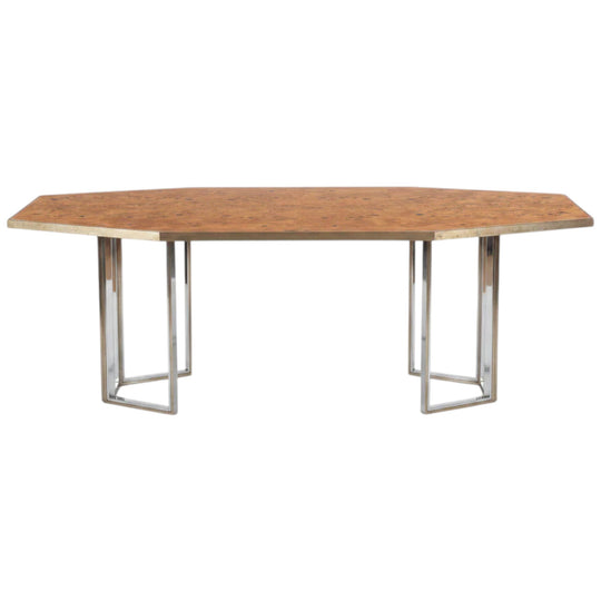 1970s Italian Willy Rizzo–Style Elongated Octagonal Burr Elm Dining Table with Brass Banding and Brass/Chrome Trestle Bases