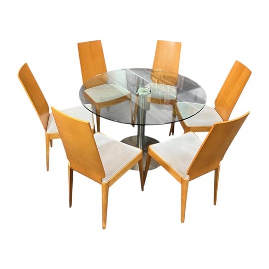 Vintage PACO CAPDELL dining suite round glass table X6 beech chairs 2000's SPAIN