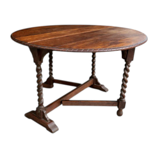 Dining Table Oak Drop Leaf Barley Twist Legs Antique Style Round 105cm Folding Table