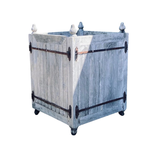 Large Versailles-style weathered timber planter box with iron-strapping