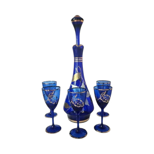 Bohemia Czechoslovakia Blue Hand-Blown Glass Decanter and Five Port Glasses, Gold-Gilded
