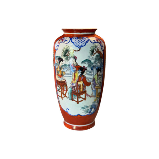 Vintage Famille Rose Porcelain Vase with Iron Red Ground and Courtly Scenes