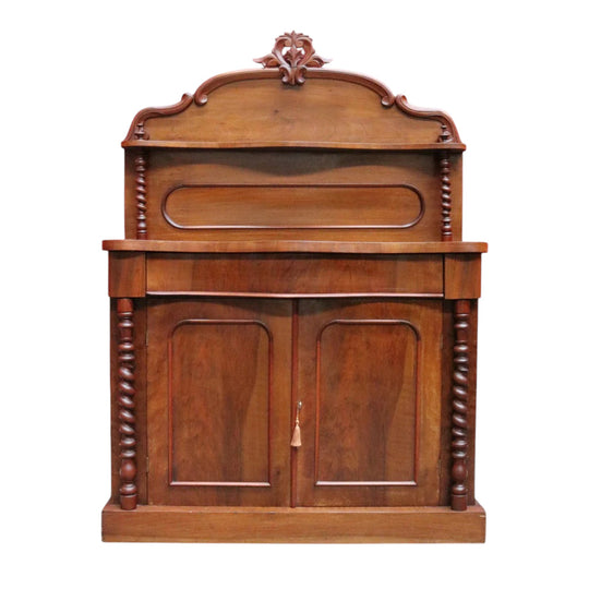 Antique English Mahogany 2 Door Barley Twist Columns Arched Panels with Carved backboard B13014