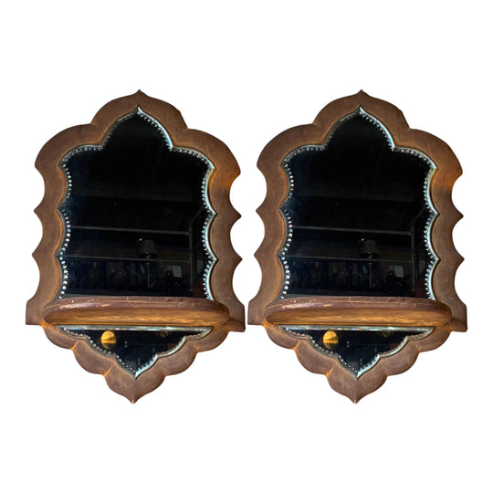 Pair of Vintage Hollywood Regency Upholstered Mirrored Wall Shelves