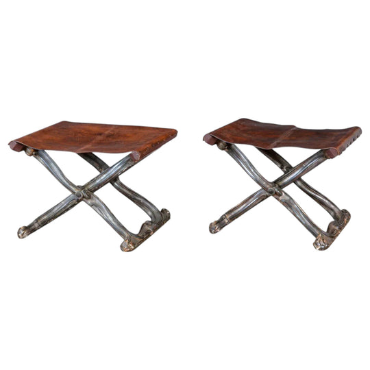 Pair of Silver-Gilt Folding Stools with Cognac Leather Seats, Probably Italian, c. 1950