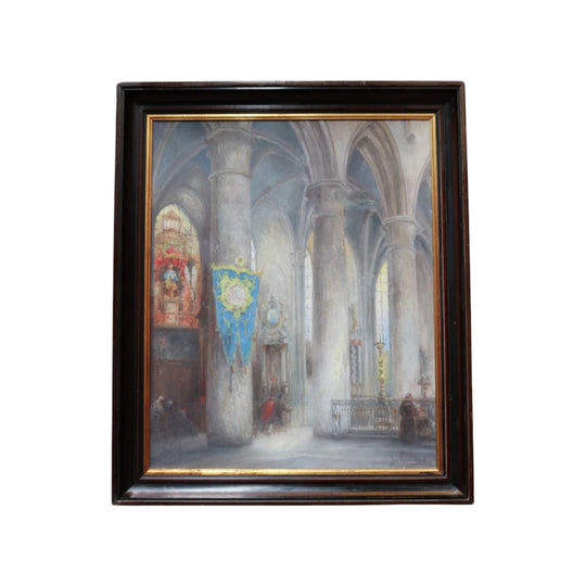 Jozef Horenbant Cathedral Interior Painting in Black and Gilt Frame. B12716