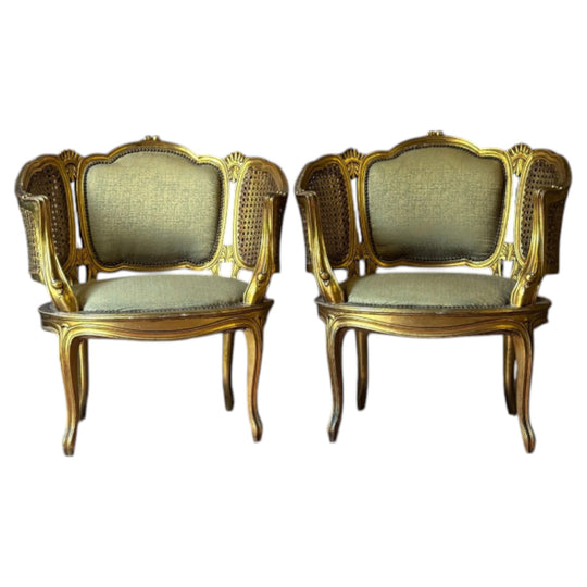 Pair of Vintage French Louis XV Style Giltwood Salon Chairs with Cane Sides
