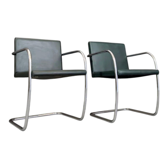 Vintage Brno Style Tubular Steel Armchairs Green Leather