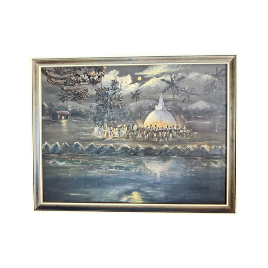 Vintage 1974 Sri Lankan Temple Scene Oil Painting — Moonlit Stupa Procession, Original Signed Artwork, Framed