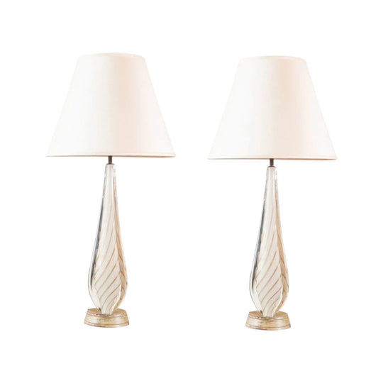 Pair of Mid Century Tall White and Gilt Murano Table Lamps