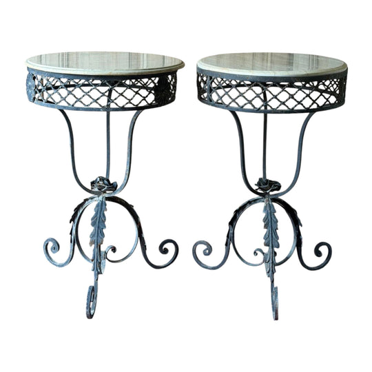 Pair of Vintage Marble & Wrought Metal Side Tables
