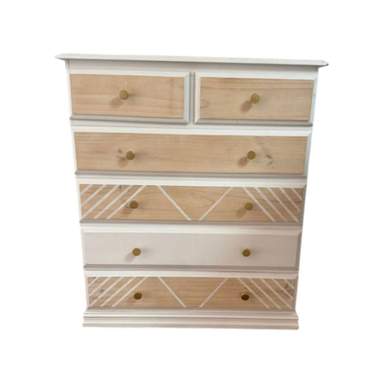 White & Natural Timber Tallboy Chest of Drawers with Geometric Fronts and Brushed Gold Knobs – Coastal / Hamptons / Boho