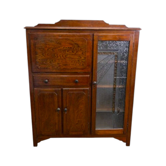 Antique Oak Leadlight Writing Bureau