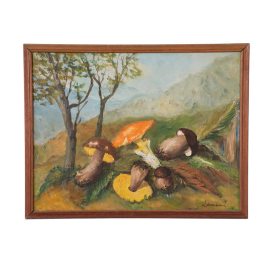 Signed Laurenti — Still Life with Wild Mushrooms in a Mountain Landscape