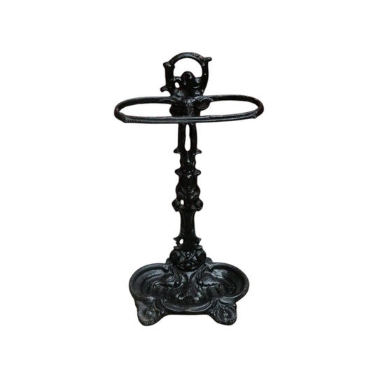 Antique French Cast Iron Umbrella Stand with Drip Tray and Decorative Black Enamel Finish. B12500