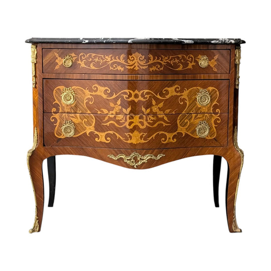 Circa 1930 French Louis XV Marquetry Commode with Black Marble Top