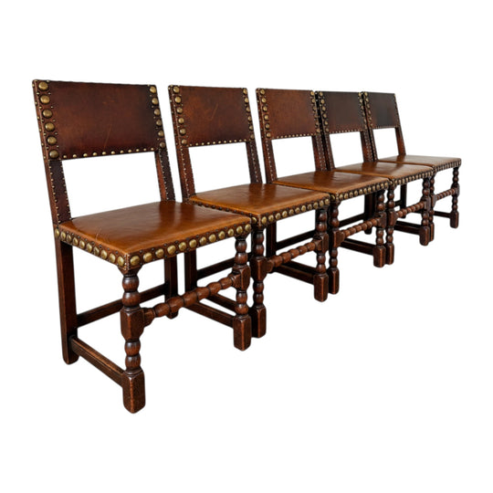 Vintage French Revivalist Nail Stud Leatherette Dining Chairs Set