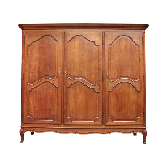 c. 1920 French Oak Three-Door Armoire/Wardrobe with Full-Length Hanging, Shelves and Drawers, Three Keys