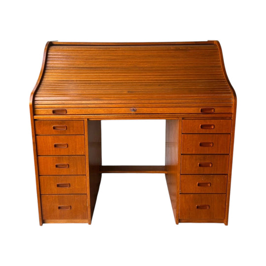 Vintage Teak Roll-Top Writing Desk with 10 Drawers