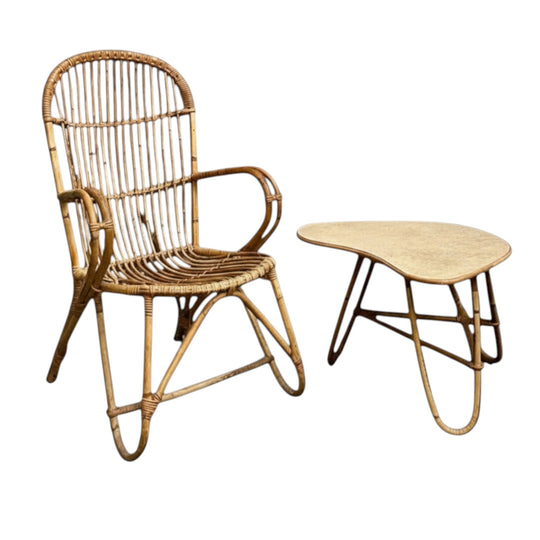 Mid-Century Italian Bamboo and Rattan High-Back Armchair with Integrated Side Table, c. 1970