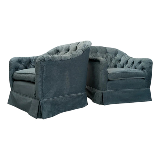 Antique Tufted Club Chairs in Blue Crushed Velvet