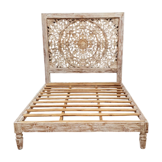 INDAH Hand Carved Teak Wood Panel Bed - Jati Wash