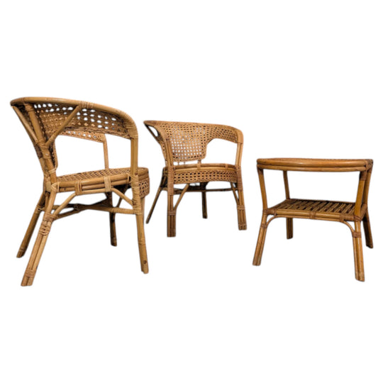 1970s Rattan and Cane Barrel Chair Suite with Matching Coffee Table