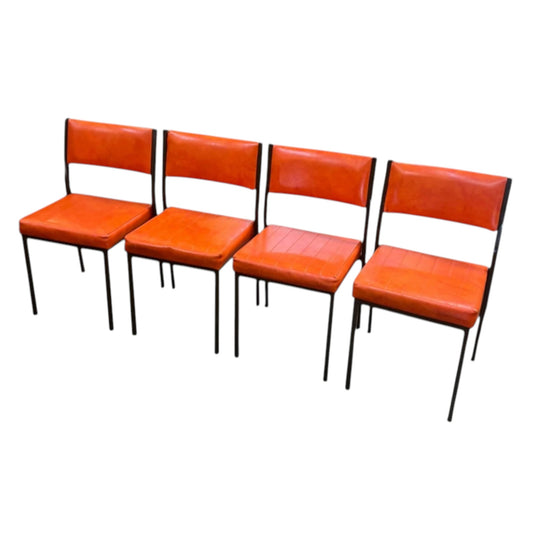 Set of 4 Mid Century Bright Orange Vinyl Dining Chairs with Dark Brown Steel Frames