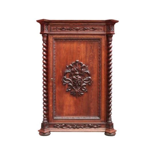 Antique French Oak Hall Cabinet Barley Twist Columns Single Door.