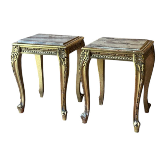 Pair of Vintage Louis XV Style Giltwood Marble Top Side Tables