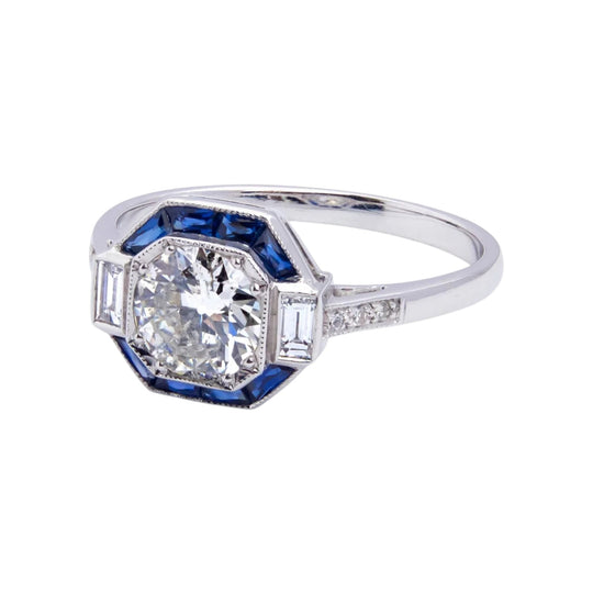 Art Deco Style, White Gold, Diamond & Sapphire Ring