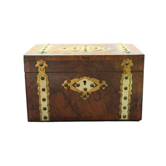 Antique Victorian Walnut & Brass Cigar / Tantalus Box with Cut Crystal Insert