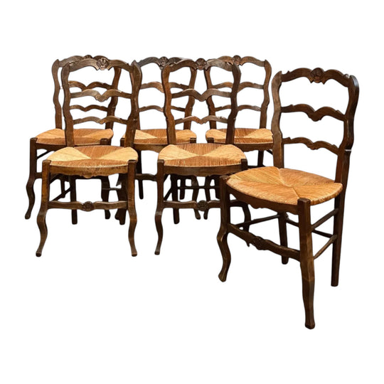 French Provincial Louis XV Style Oak Ladder-Back Dining Chairs with Rush Seats, Set of Six